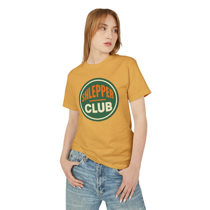 Woman wearing a mustard yellow t-shirt with 'Slepper Club' design on a white background