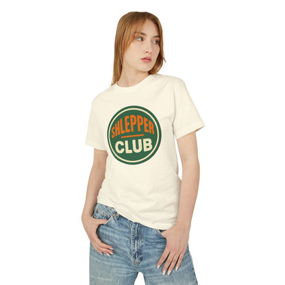 Person wearing a cream t-shirt with 'Sleeper Club' logo on a white background