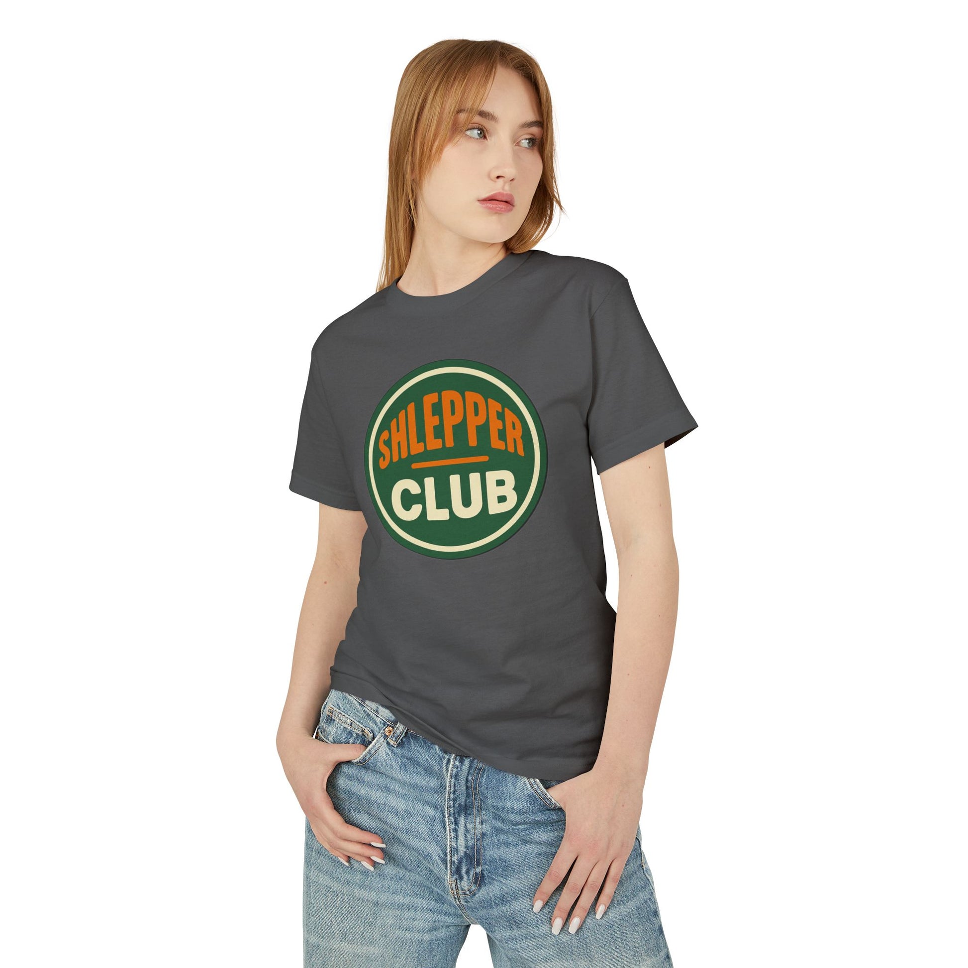 Person wearing a gray t-shirt with 'Slepper Club' design on a white background