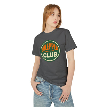 Person wearing a gray t-shirt with 'Slepper Club' design on a white background