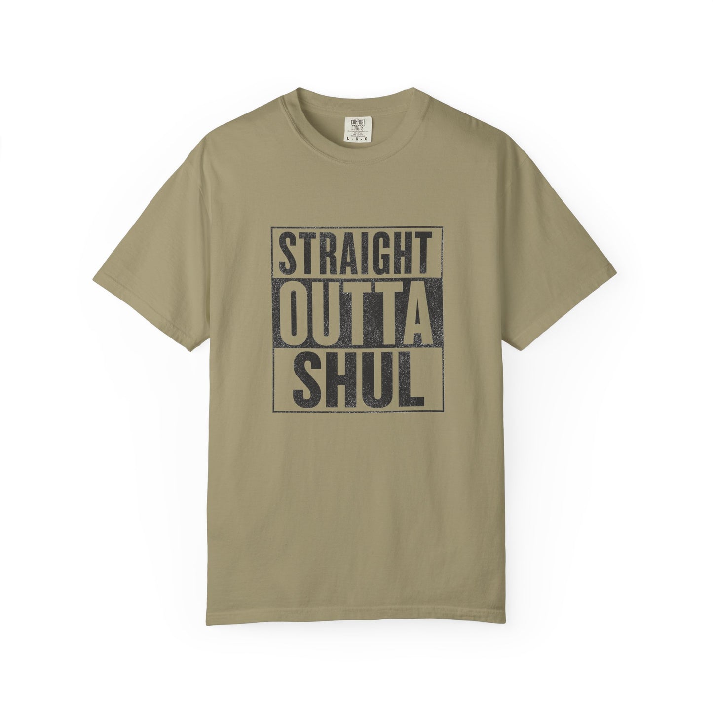 Beige t-shirt with 'Straight Outta Shul' text on a white background