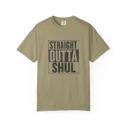 Beige t-shirt with 'Straight Outta Shul' text on a white background