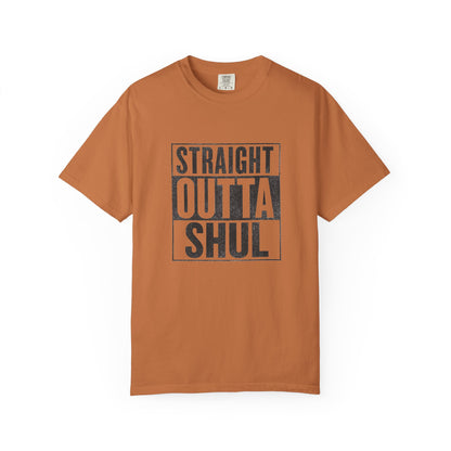 Brown t-shirt with 'Straight Outta Shul' text on a white background