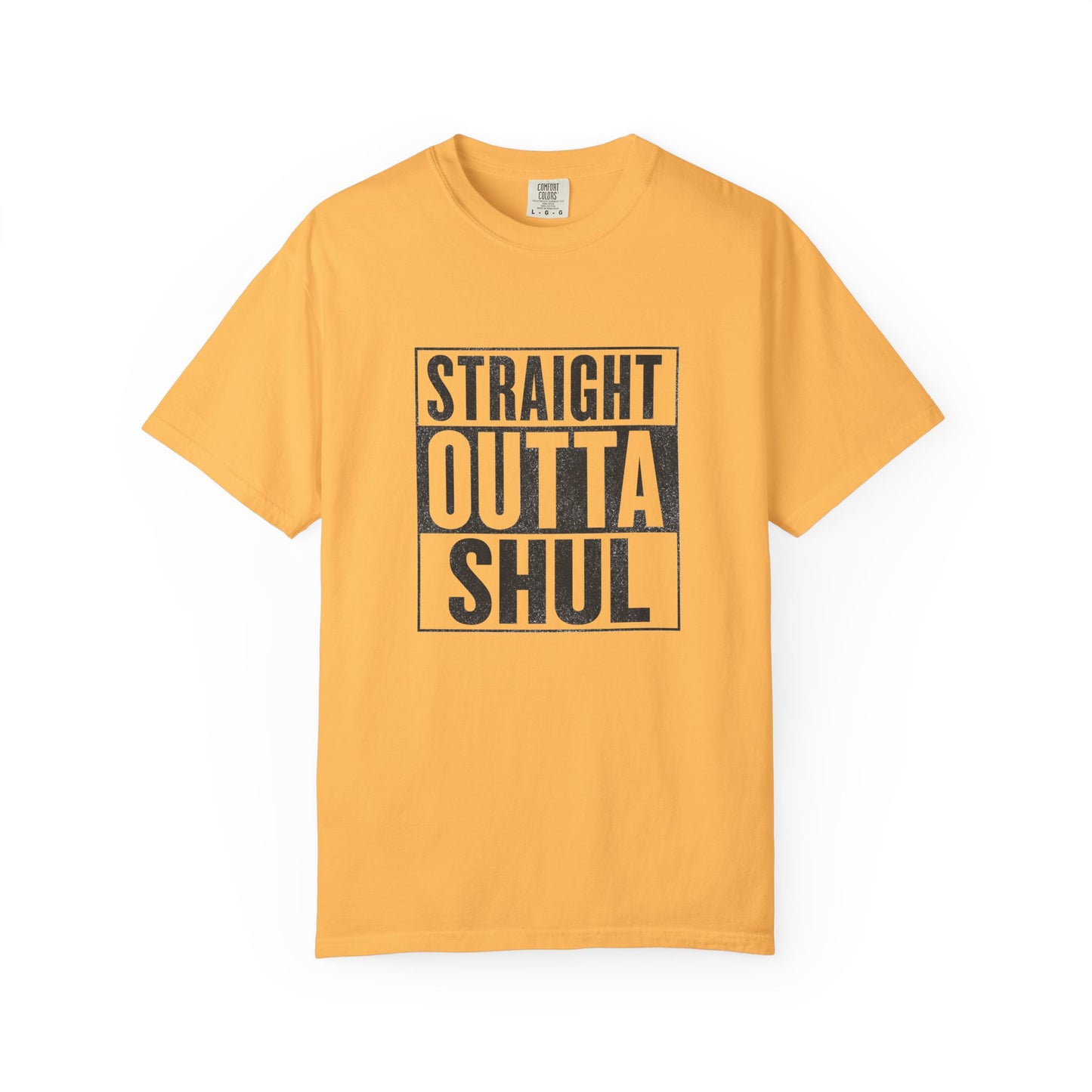Yellow t-shirt with 'Straight Outta Shul' text on a white background