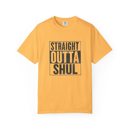 Yellow t-shirt with 'Straight Outta Shul' text on a white background