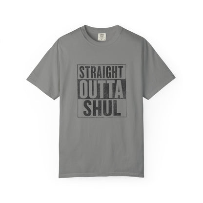 Gray t-shirt with 'Straight Outta Shul' text on a white background