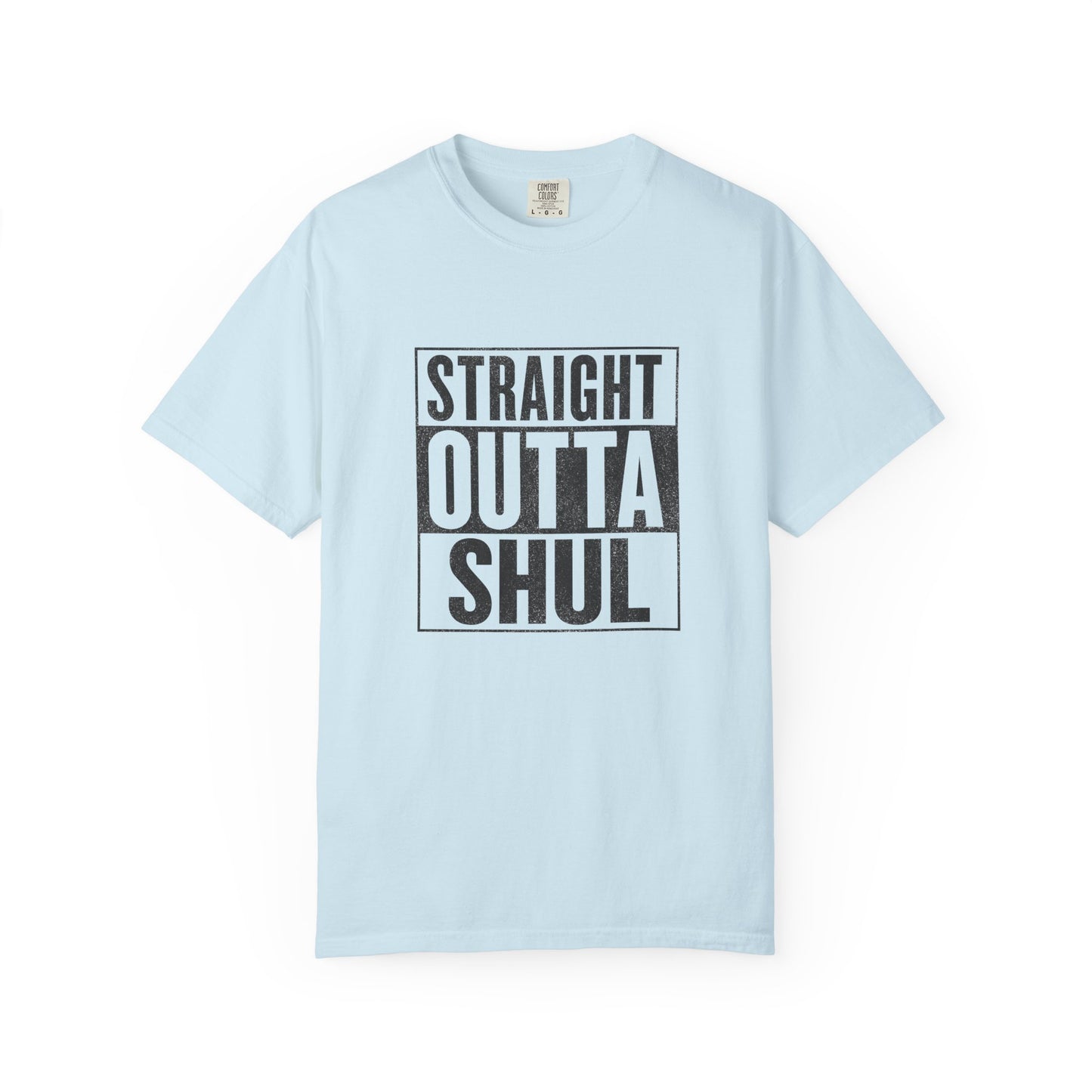 Light blue t-shirt with 'Straight Outta Shul' text on a white background