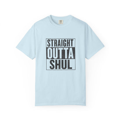 Light blue t-shirt with 'Straight Outta Shul' text on a white background