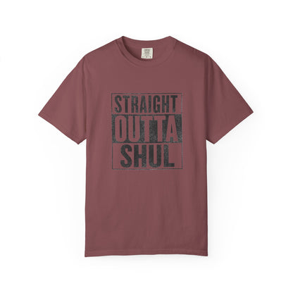Maroon t-shirt with 'Straight Outta Shul' text on a white background