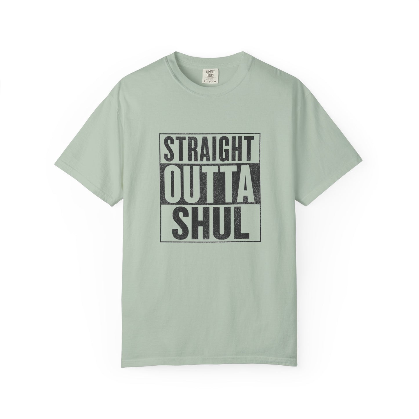 Light green t-shirt with 'Straight Outta Shul' text on a white background