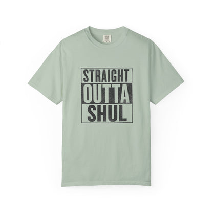 Light green t-shirt with 'Straight Outta Shul' text on a white background