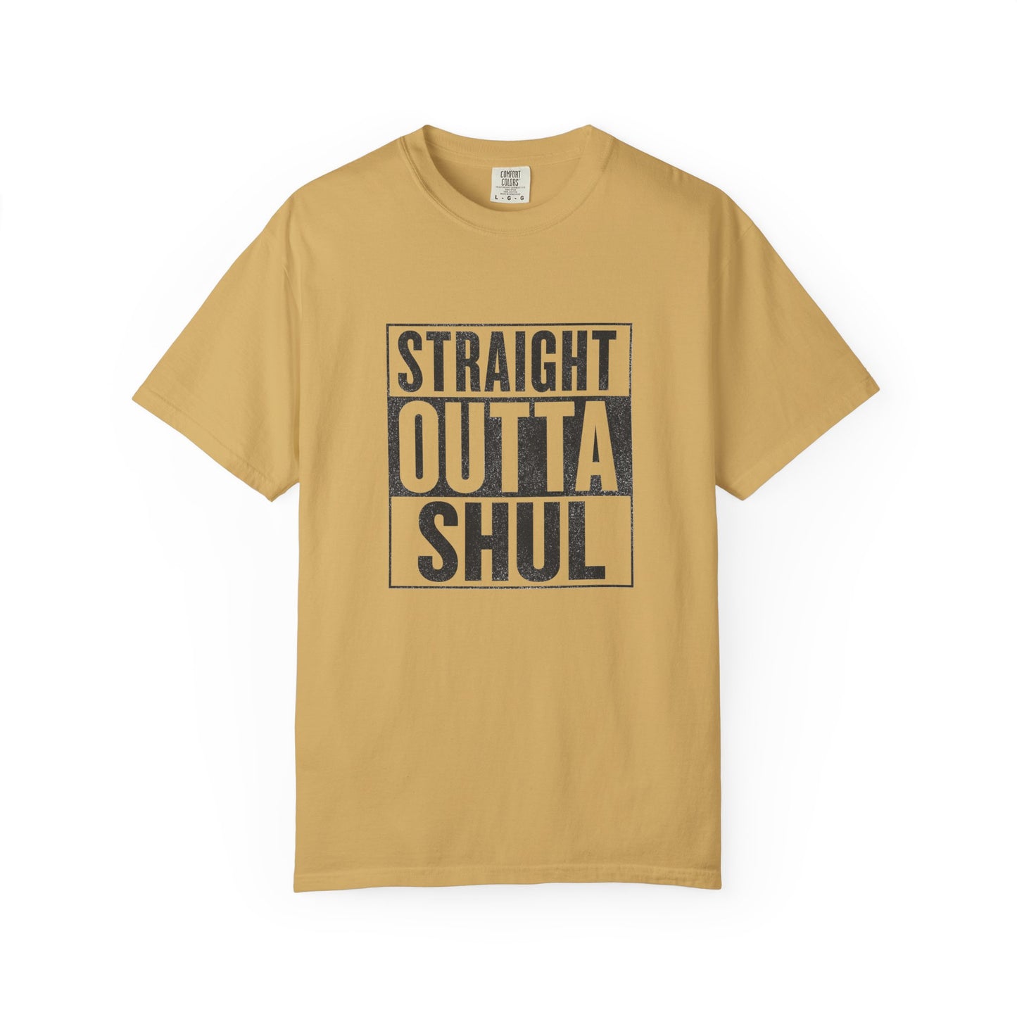 mustard t-shirt with 'Straight Outta Shul' text on a white background