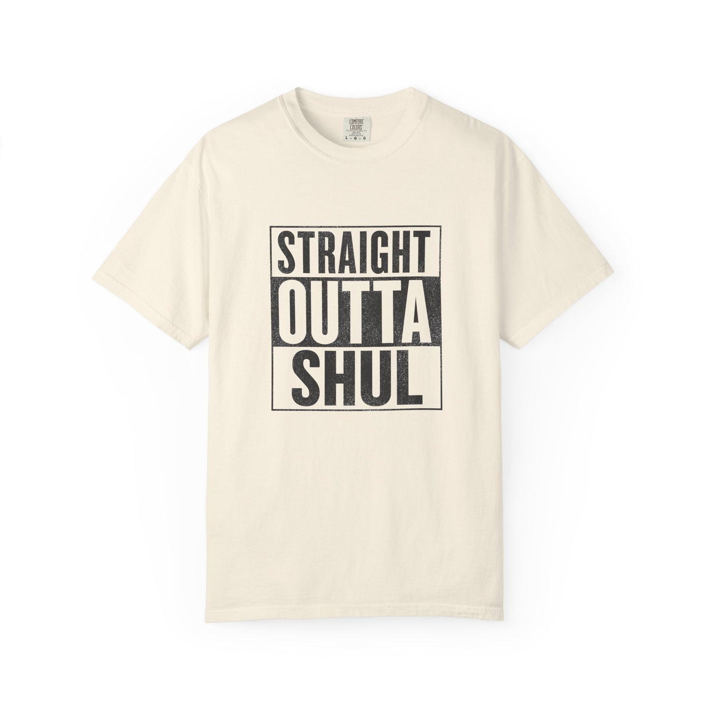 natural t-shirt with 'Straight Outta Shul' text on a white background