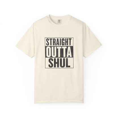 natural t-shirt with 'Straight Outta Shul' text on a white background
