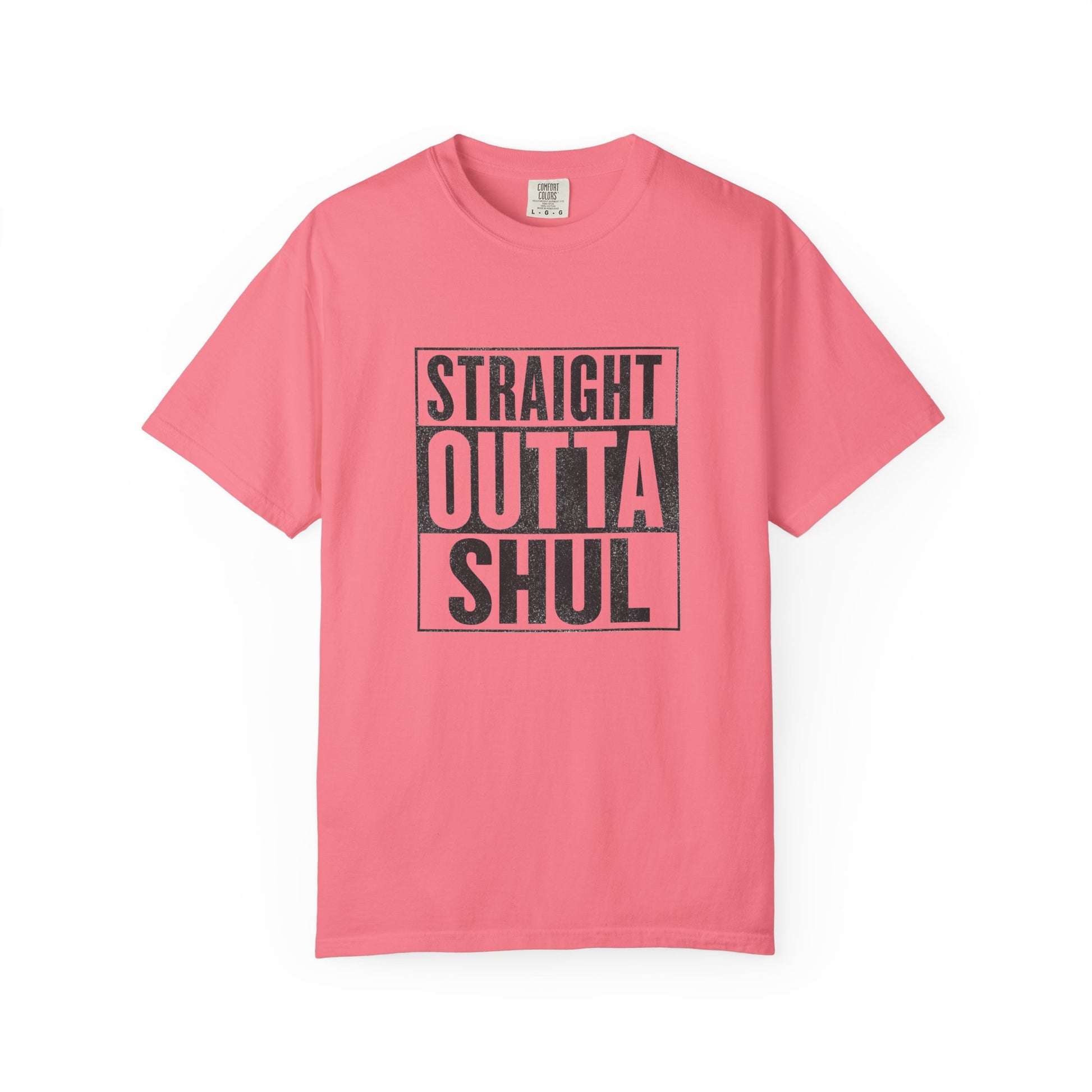 Pink t-shirt with 'Straight Outta Shul' text on a white background