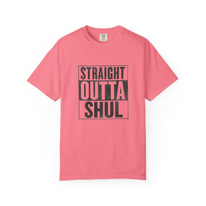 Pink t-shirt with 'Straight Outta Shul' text on a white background