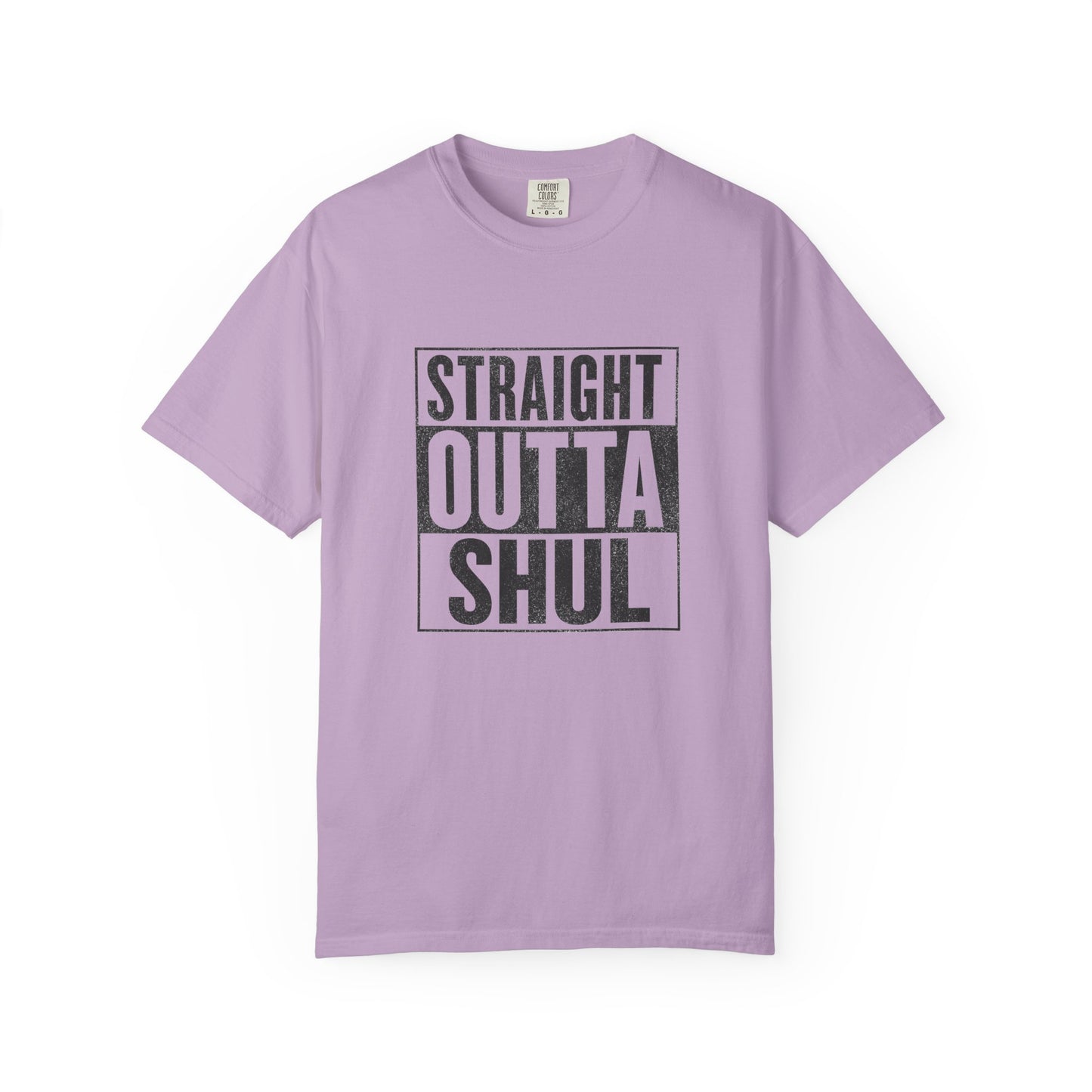Purple t-shirt with 'Straight Outta Shul' text on a white background