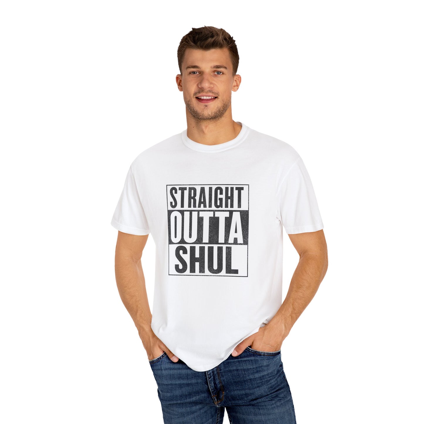 Man wearing a white t-shirt with 'Straight Outta Shul' text design on a white background