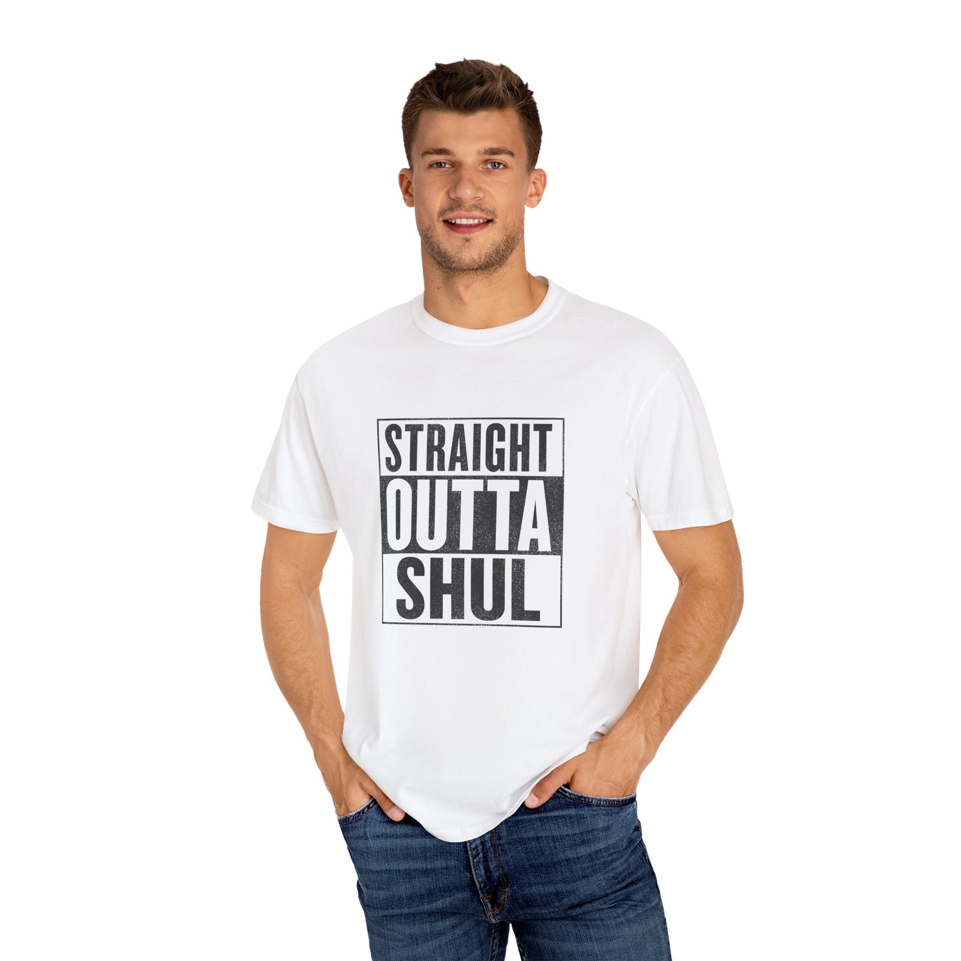 Man wearing a white t-shirt with 'Straight Outta Shul' text design on a white background