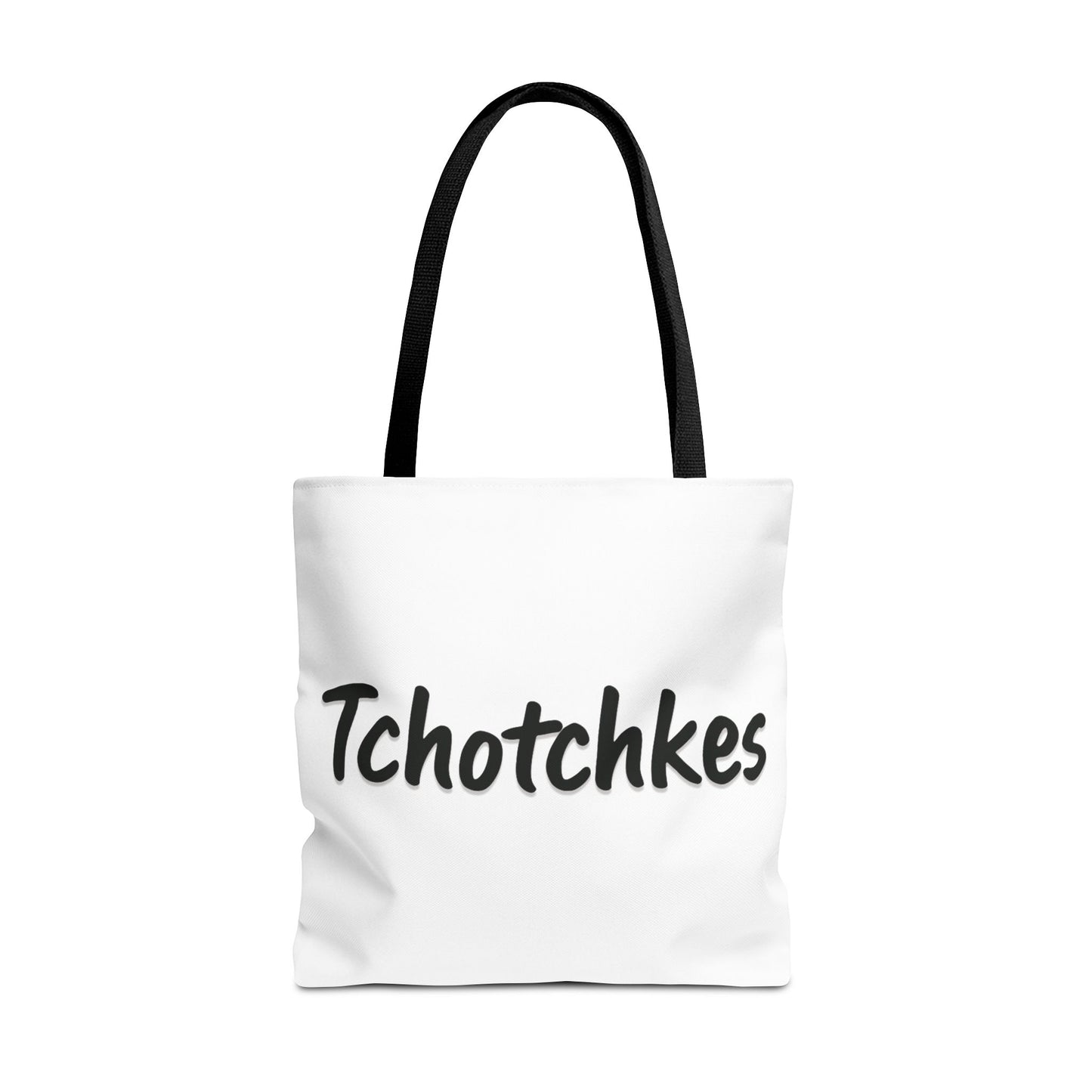 White tote bag with 'Tchotchkes' text on a white background