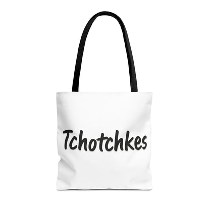 White tote bag with 'Tchotchkes' text on a white background
