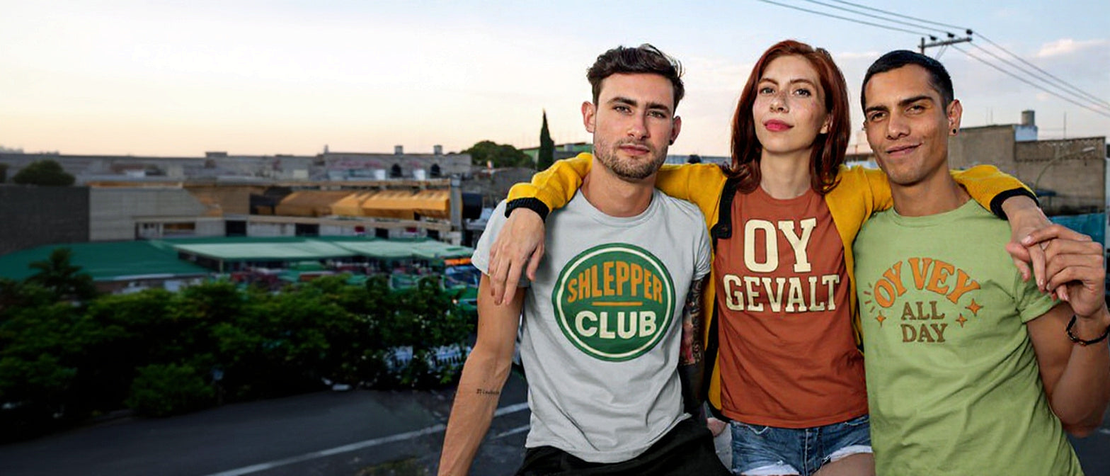 Three people standing together with a casual street background