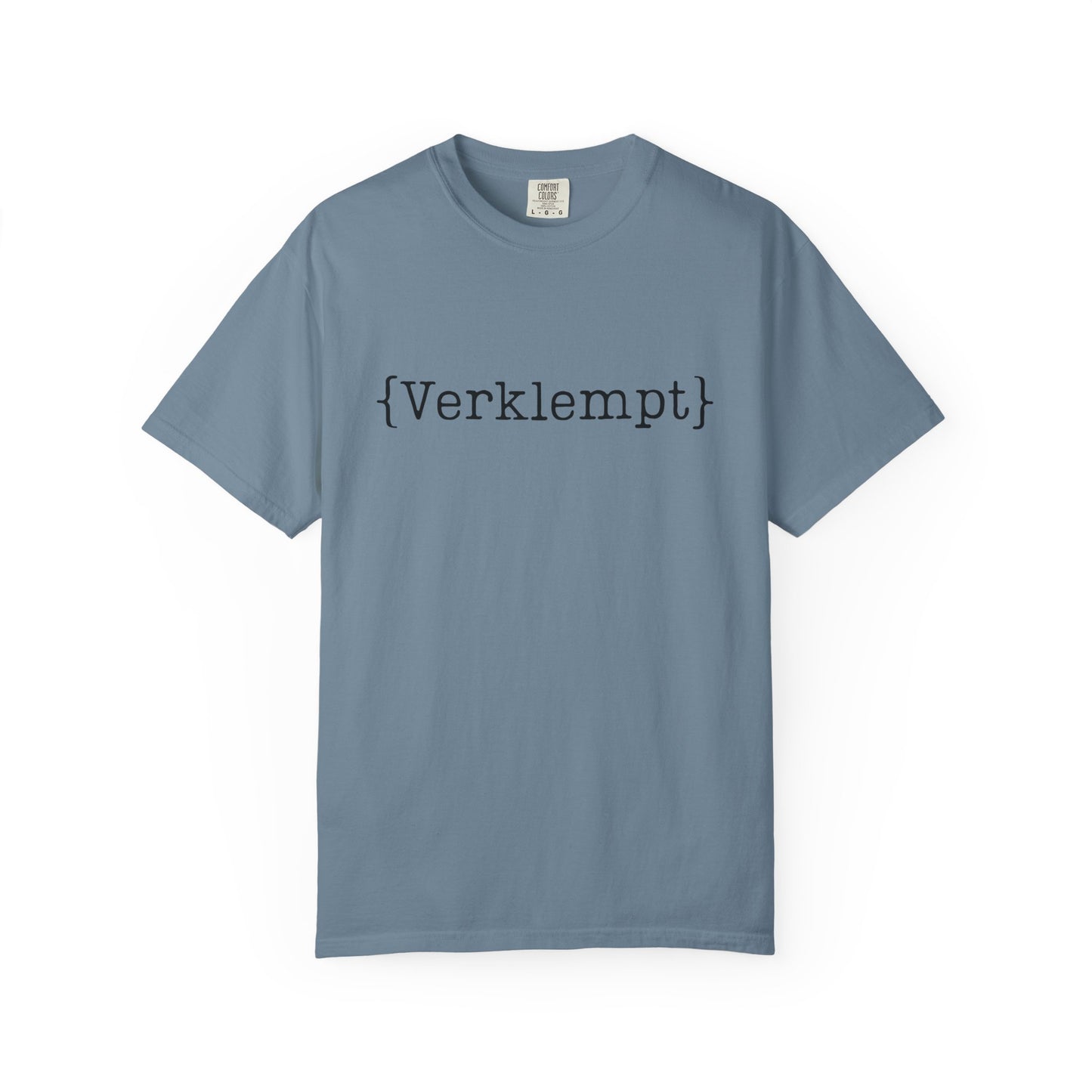Blue t-shirt with the word 'Verklemt' on a white background