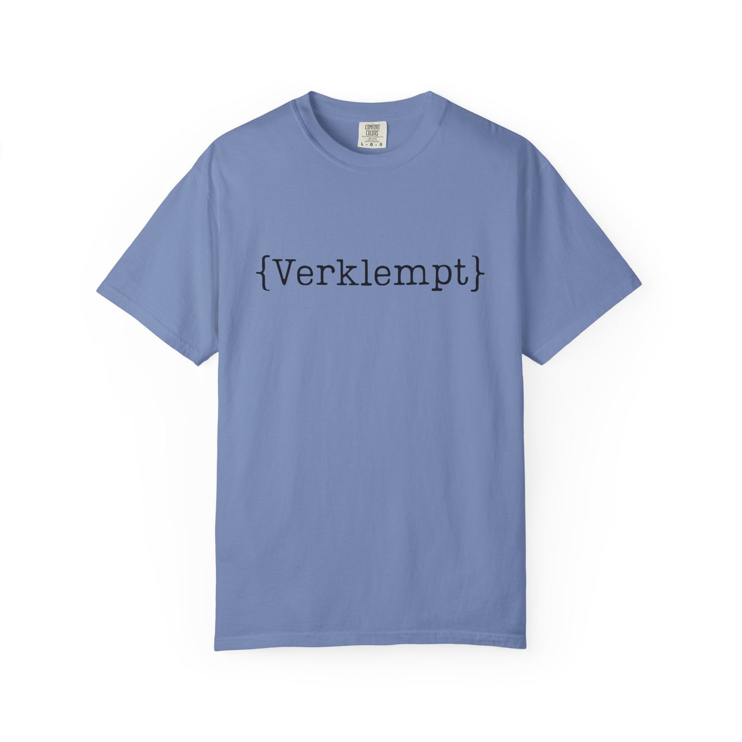 Blue t-shirt with black text on a white background