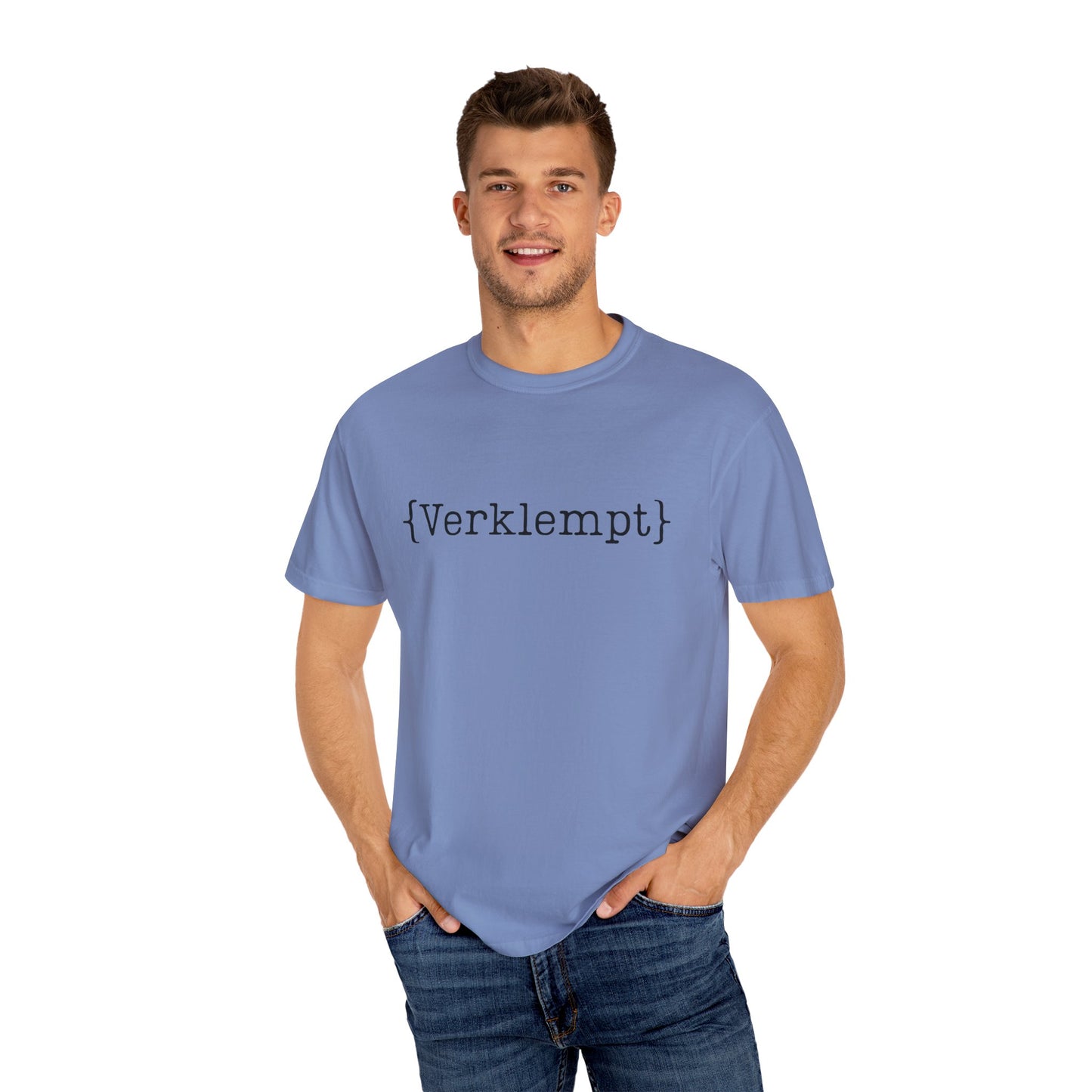Man wearing a blue t-shirt with text on a white background