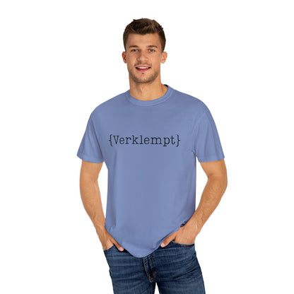 Man wearing a blue t-shirt with text on a white background