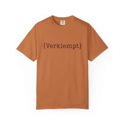 Brown t-shirt with black text on a white background
