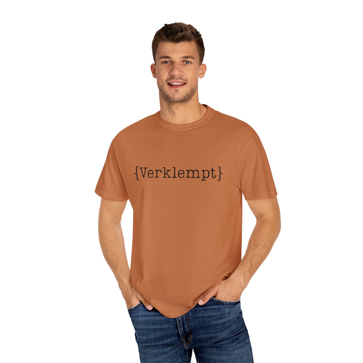 Man wearing a brown t-shirt with text on a white background