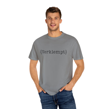 Man wearing a gray t-shirt with text on a white background