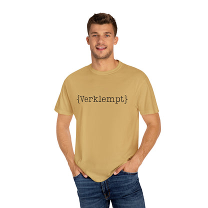 Man wearing a beige t-shirt with text on a white background