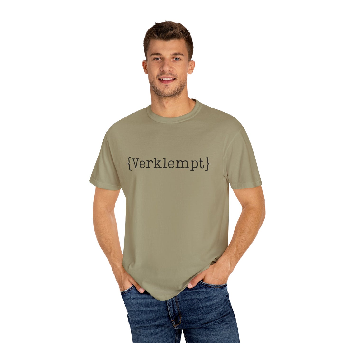 Man wearing a green t-shirt with text on a white background
