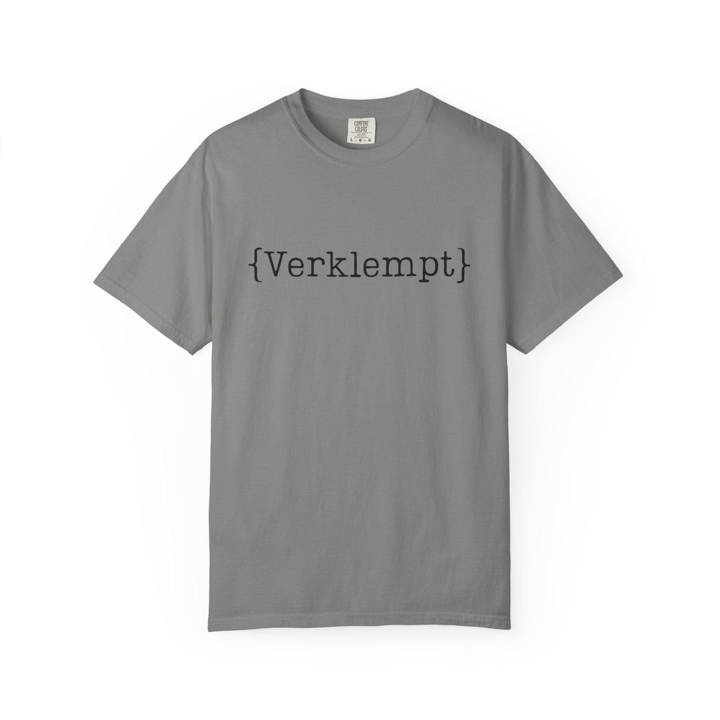 Gray t-shirt with black text on a white background