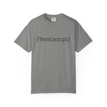 Gray t-shirt with black text on a white background