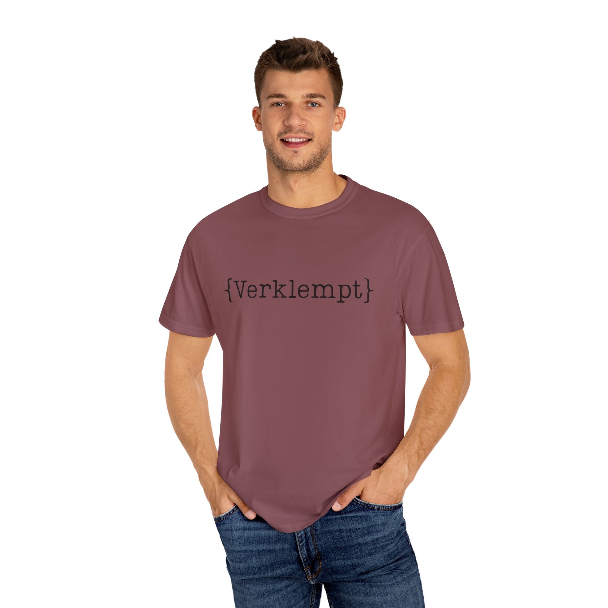 Man wearing a maroon t-shirt with text on a white background