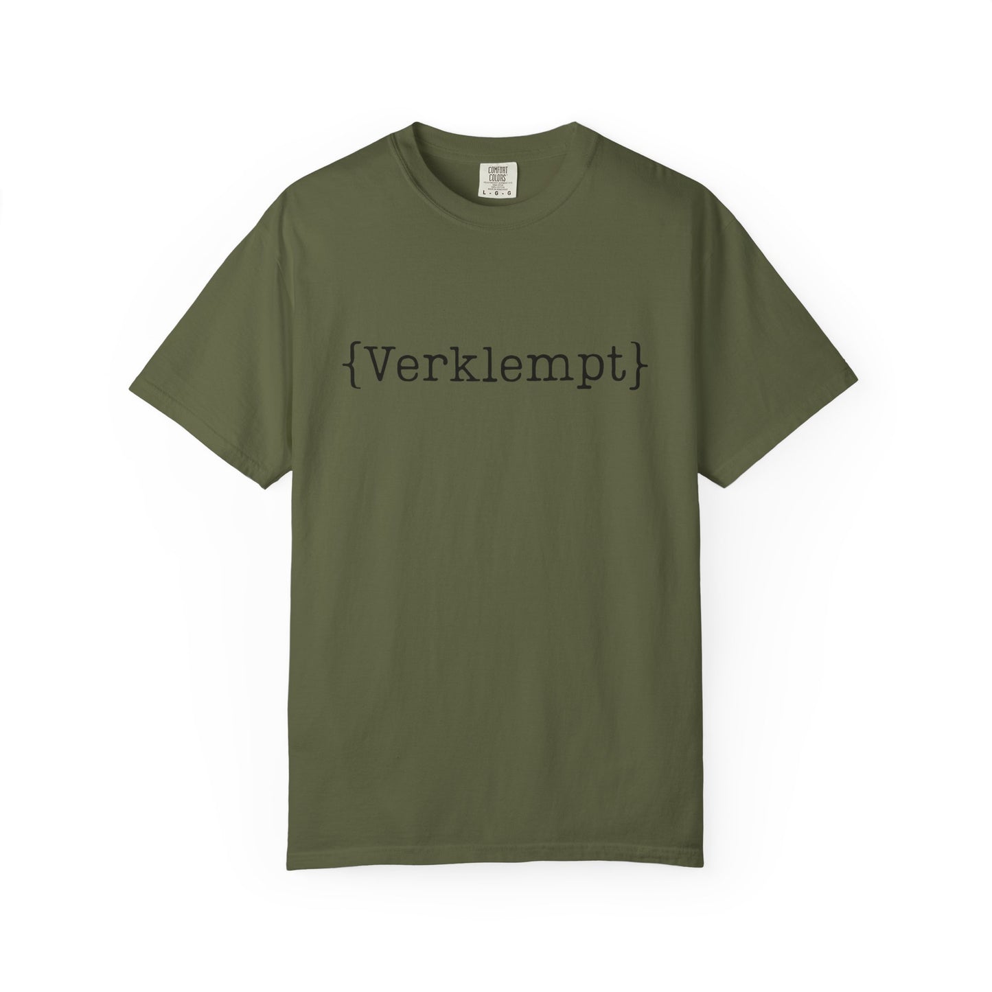 Green t-shirt with the word 'Verklemt' printed on it against a white background