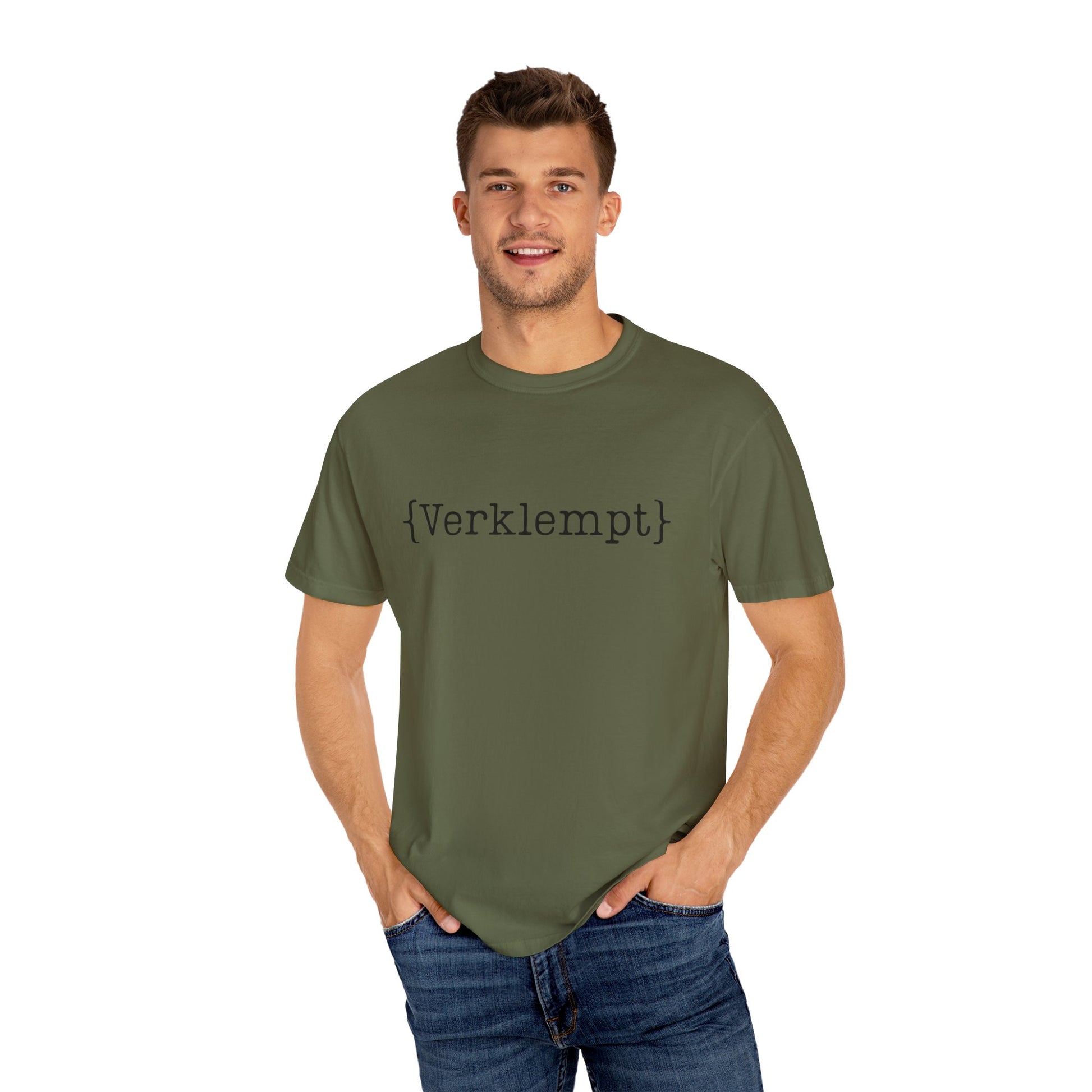 Man wearing a green t-shirt with text on a white background
