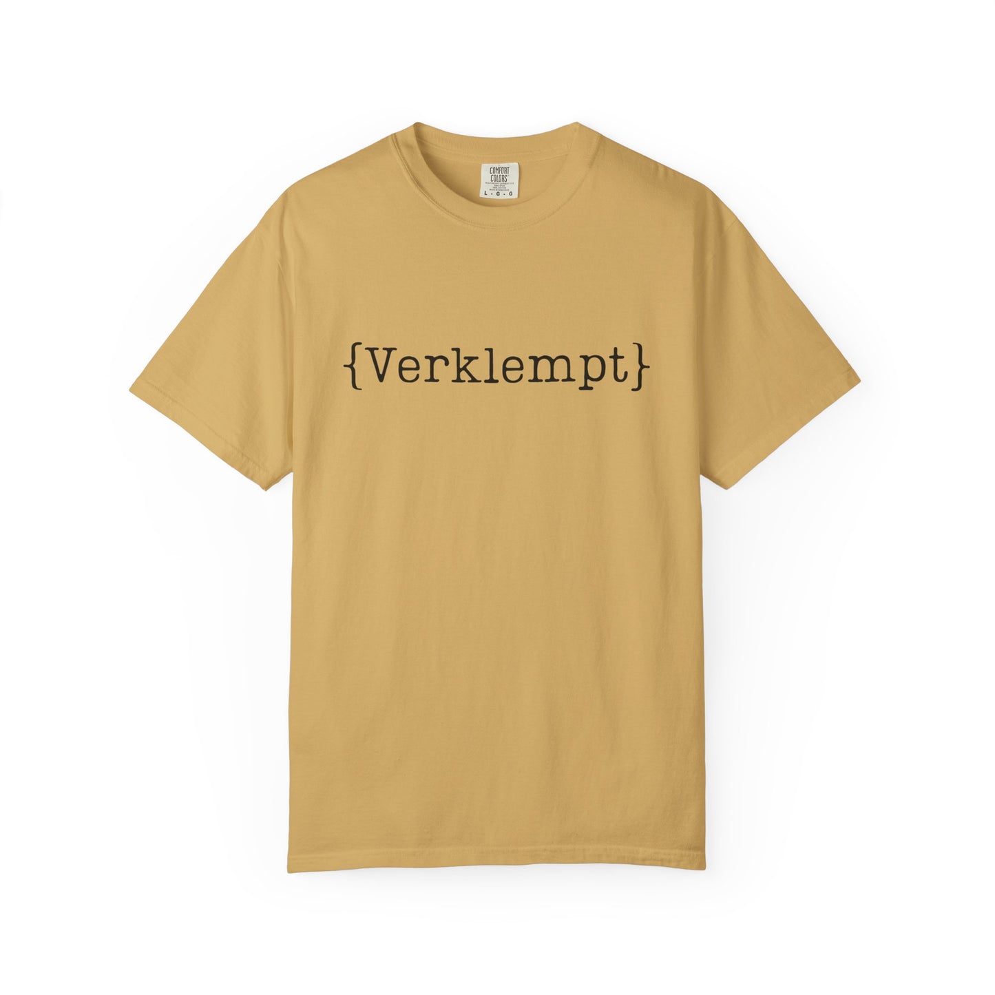 Beige t-shirt with black text 'verklempt'  on a white background