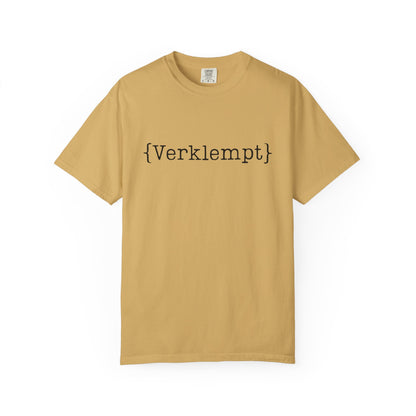 Beige t-shirt with black text 'verklempt'  on a white background