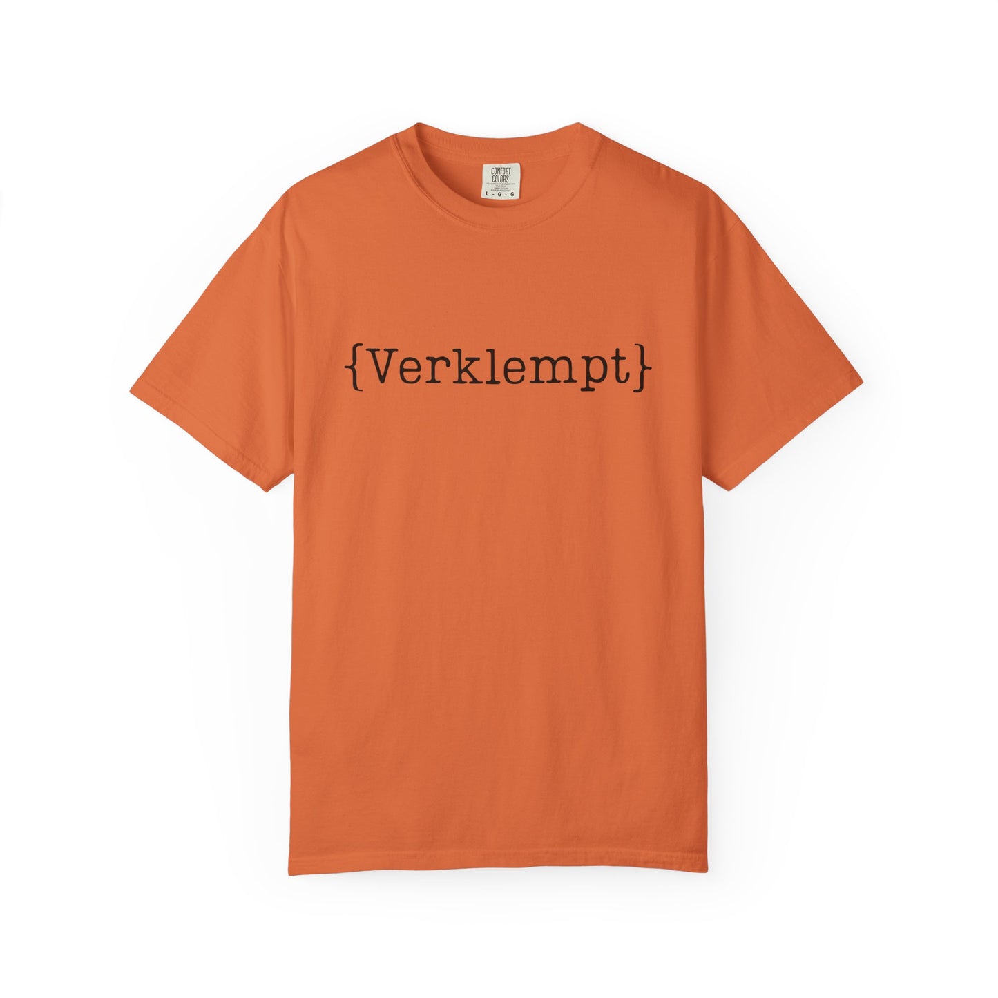 Orange t-shirt with black text on a white background