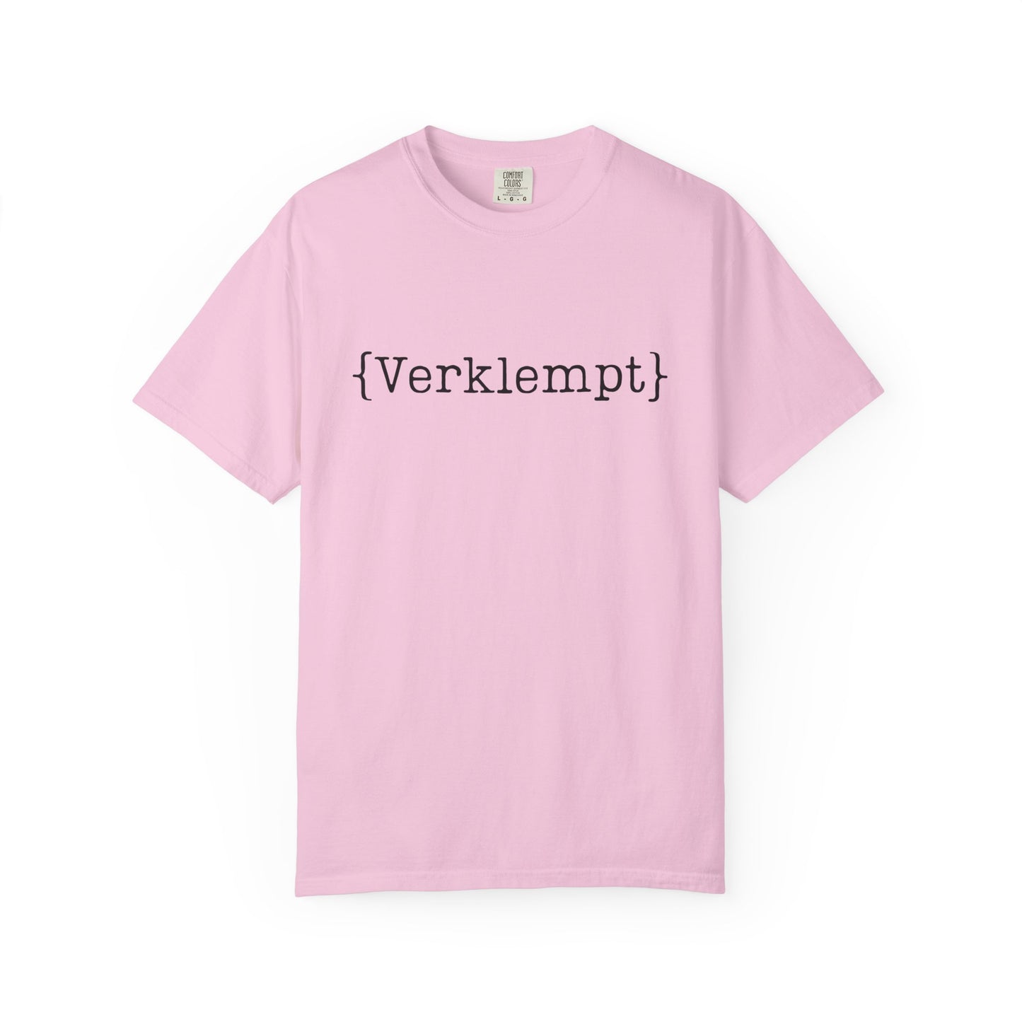 Pink t-shirt with black text on a white background
