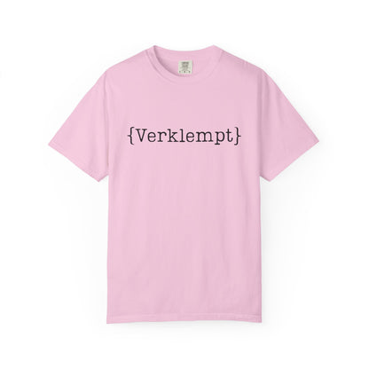 Pink t-shirt with black text on a white background