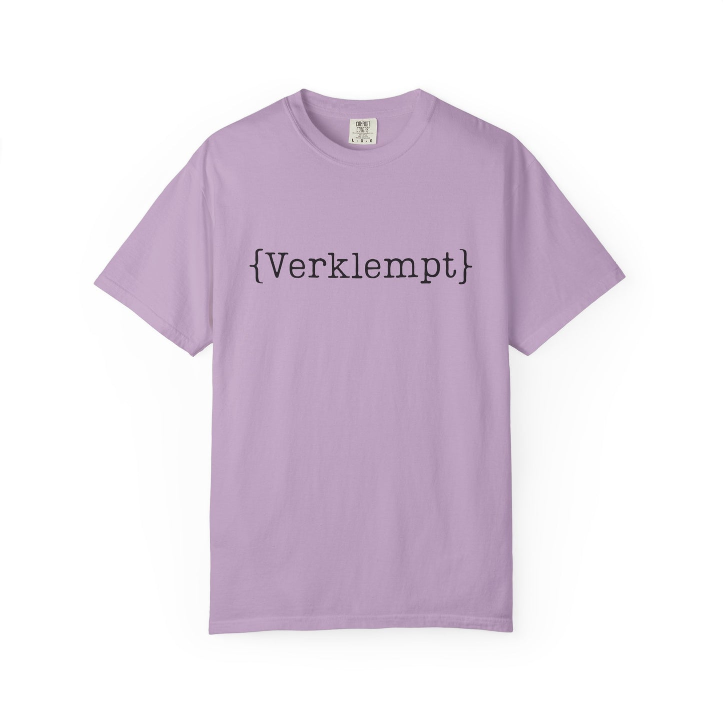 Purple t-shirt with the word 'Verklemt' on a white background