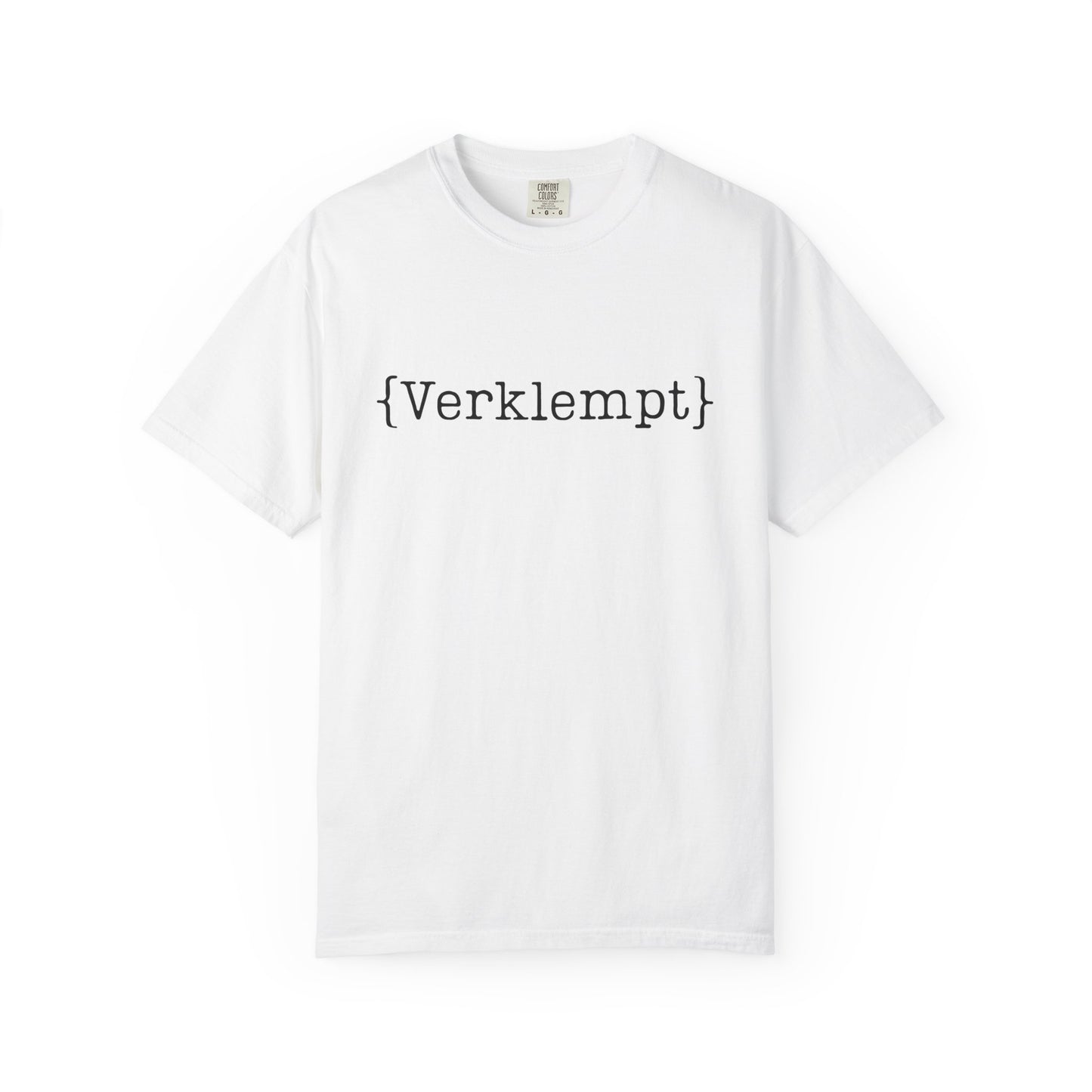 White t-shirt with black text 'verklempt' on a white background