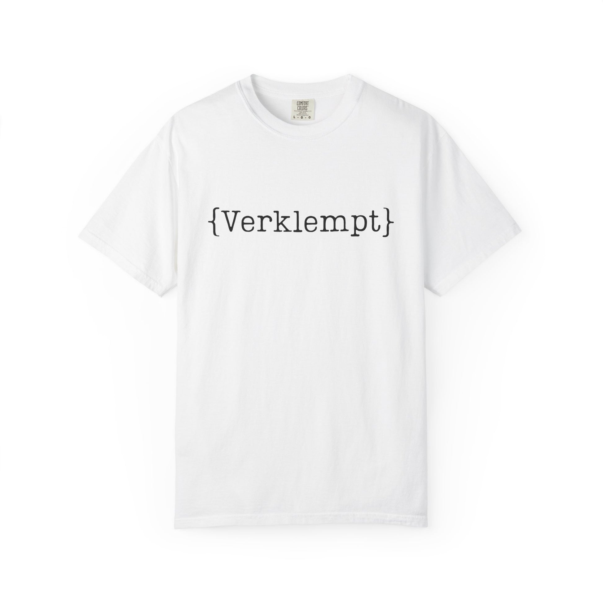White t-shirt with black text 'verklempt' on a white background