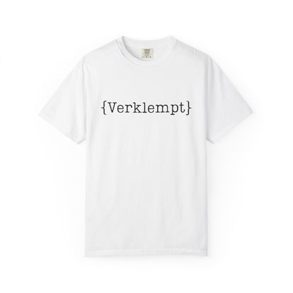 White t-shirt with black text 'verklempt' on a white background