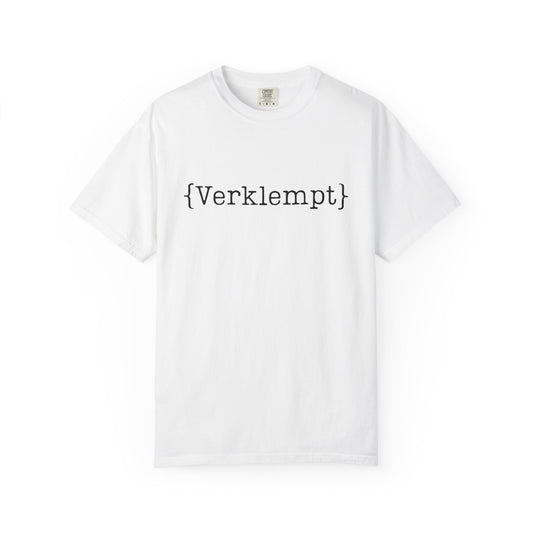 White t-shirt with black text 'verklempt' on a white background